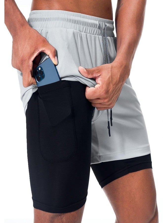 Surenow شورت رياضي رجالي من Surenow، سريع الجفاف، مناسب للتمارين الرياضية، تصميم 2 في 1، طول 5 بوصات، مناسب للجري والتمارين الرياضية، مزود بجيب للهاتف، لون رمادي فاتح - Image 1